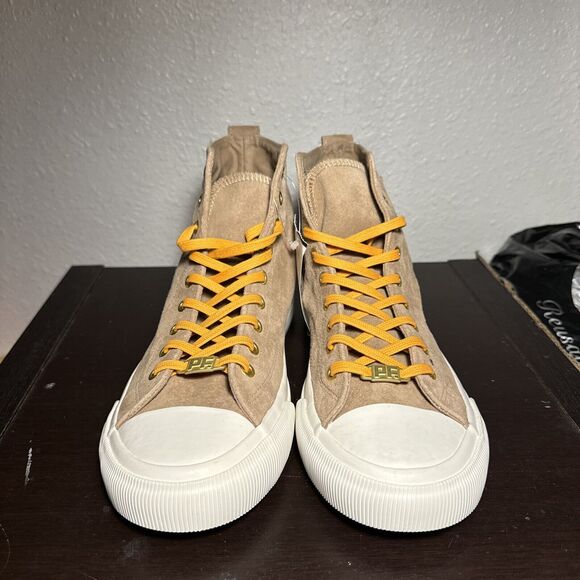 PF Flyers Shoes Men 7.5 Women 9 Beige Suede Leather Hightop Sneakers Hi Tan Lace - Picture 2 of 6